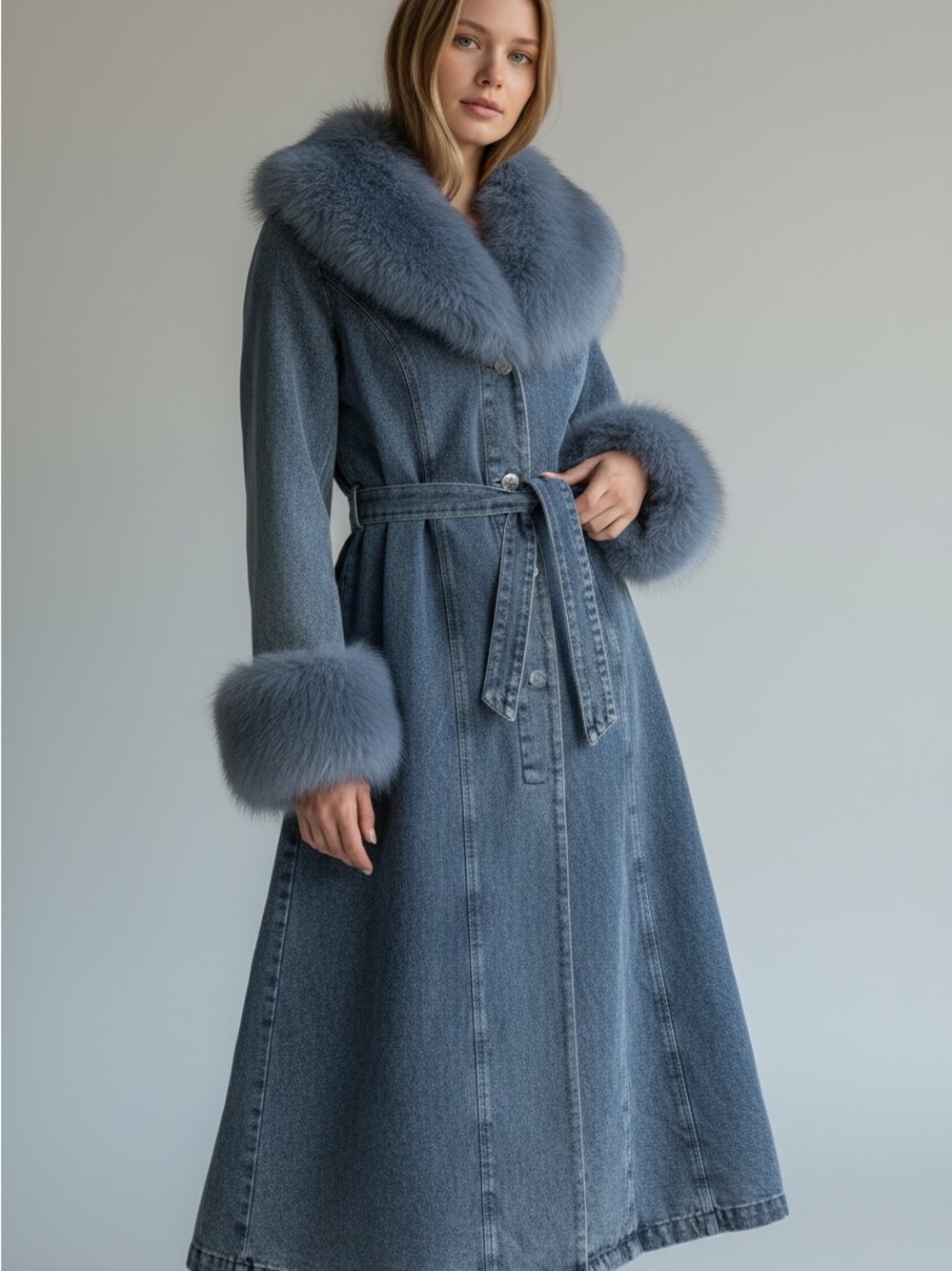 NWT Azalea Wang Kaya Denim Faux Fur Trench Coat Size Small Y2K Penny Lane